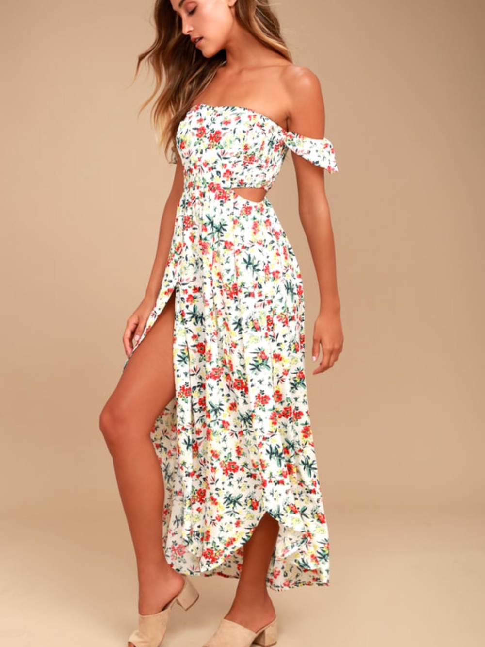 Lulu's White Floral Off-Shoulder Cutout Midi Dress